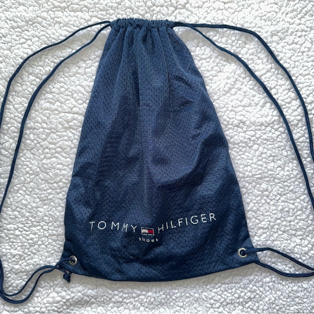 VTG Tommy Hilfiger drawstring jersey fabric navy backpack cinch Gym bag Y2K 90s